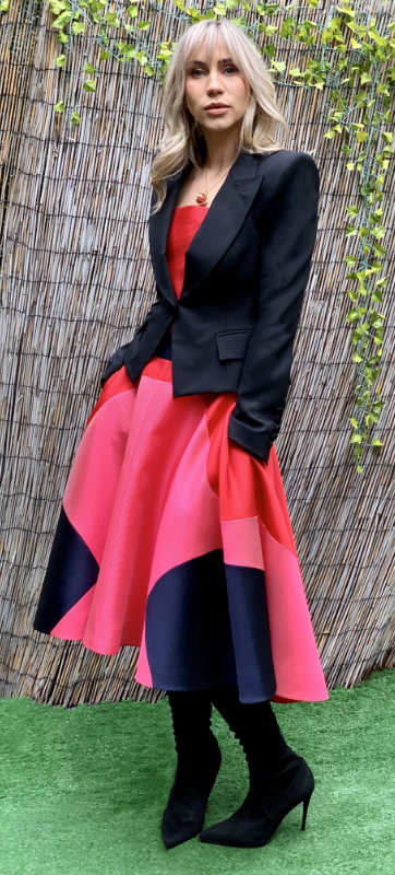 Tailored single button power jacket in black wool suiting (Style No. 4003)