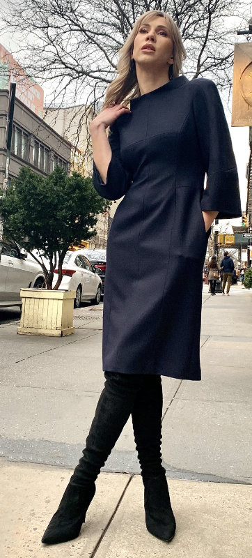 Navy wool crepe day dress with 3/4 length cocoon sleeves (Style No. 5009)