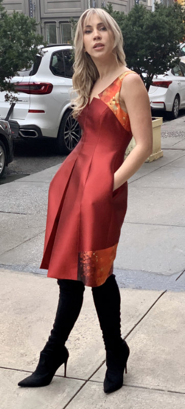 Deep red silk-wool cocktail dress with Dominion day printed silk-wool inserts (Style No. 5005)