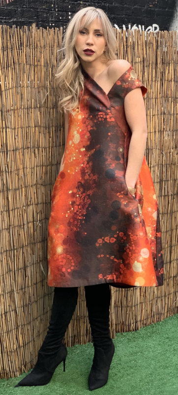 Dominion Day printed silk-wool cocktail dress with asymmetrical neckline (Style No. 5004)