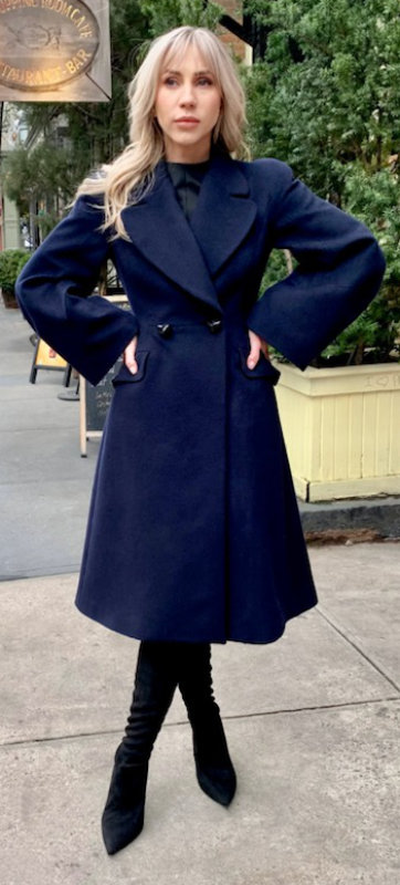 Navy brushed wool double breasted coat with knotted leather buttons (Style No. 4002)